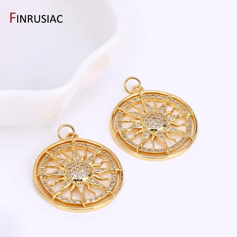 DIY Nacklace Making Supplies Inlaid Zircon Round Sun Charms Gold Plated Brass Sun Pendants For Jewelry Making Accessories