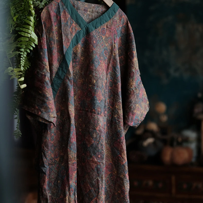 Abito lungo casual da donna oversize Nuovo arrivo 2025 Abiti estivi in lino femminile allentati con stampa floreale stile vintage con scollo a V M1669