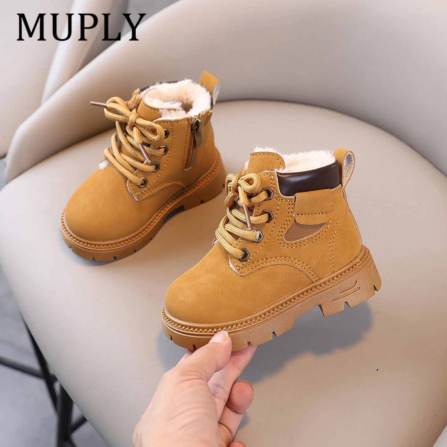 Children's Short Boots Winter Thickened Boys Girls' Anti Slip Warm Leather Boots Side Zipper Solid Color Kids Casual Shoes