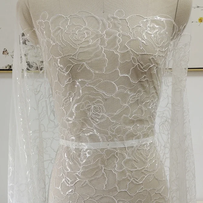 Sparkly Lace Fabric Lady Dress Sewing Material 130CM Wide Ivory Allover Rose Flowers Embroidery with Clear Sequins