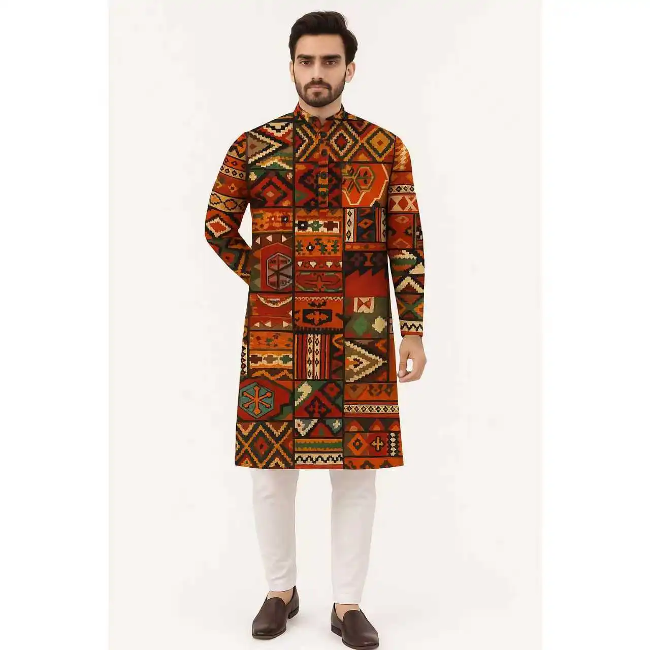 2026 uomo stampa digitale kurta pensiha vestibilità regolare colletto alla coreana lungo adatto a tutte le occasioni come matrimonio Hari Raya Aidilfitri