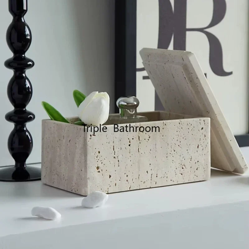 

Natural Cave Stone Bathroom Cotton Swab Storage Box Retro Travertine Jewelry Perfume Storage Container Home Accessories