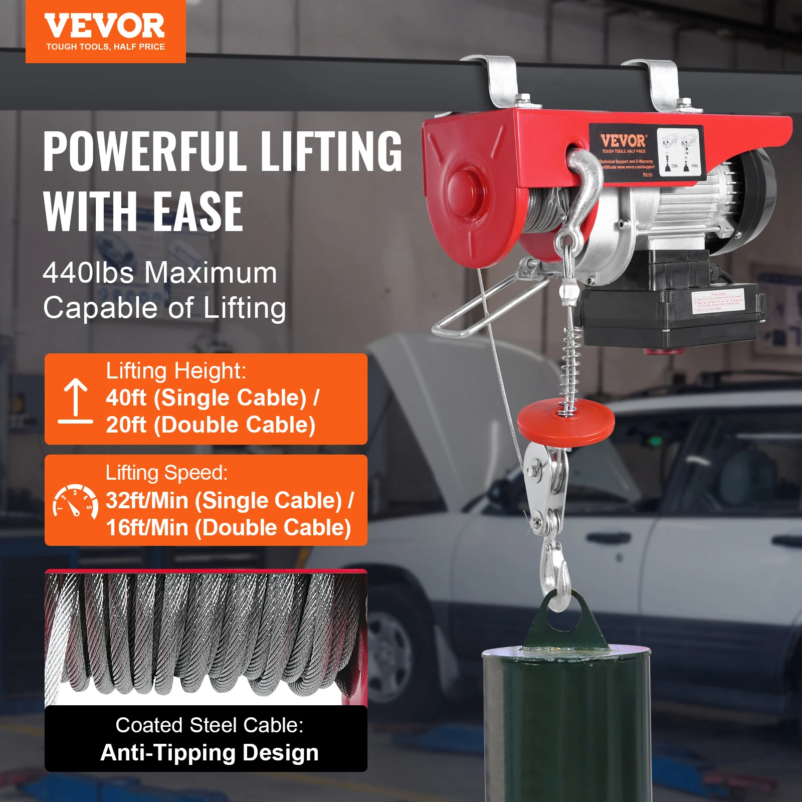 VEVOR 440lbs رافعة رفع كهربائية لاسلكية مع 40ft واحد/20ft الرافعات المزدوجة رفع الارتفاع رفع رافعة لمستودع المرآب