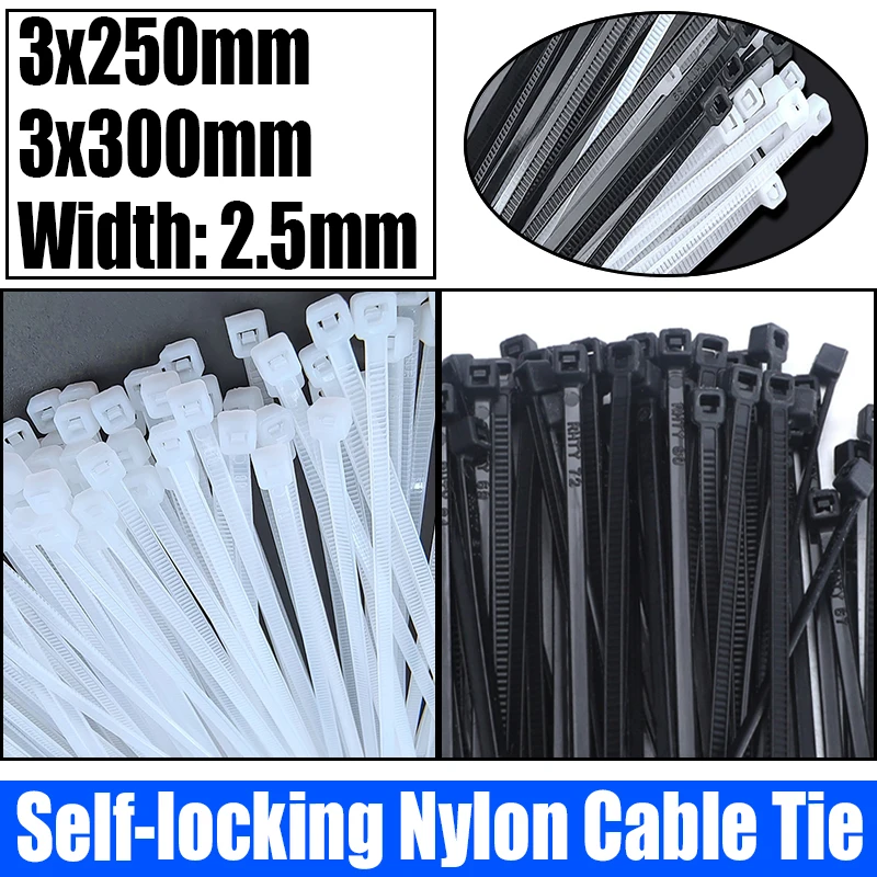 250PCS White/Black Self-locking Plastic Nylon Cable Tie Zip Wrap Strap Nylon Cable Tie Cable/Wire Fastening Ring 3x250/300mm