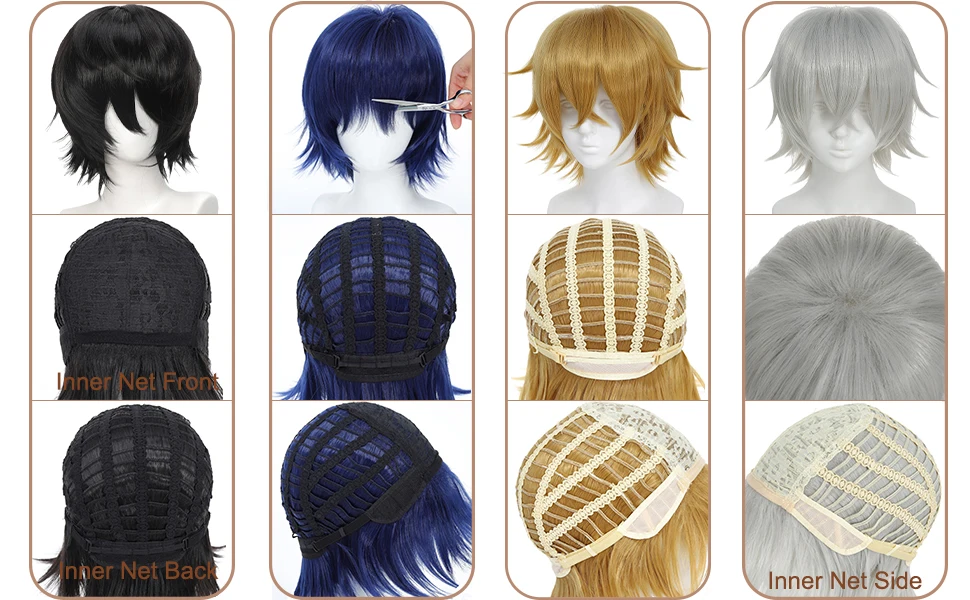 Cosplay-Perücken, Unisex-Anime-Perücke, 12 cm, kurze Haare, universelle Kostüm-Synthetikperücke mit Pony + Kappe, für Partys, Festivals – Detail 1