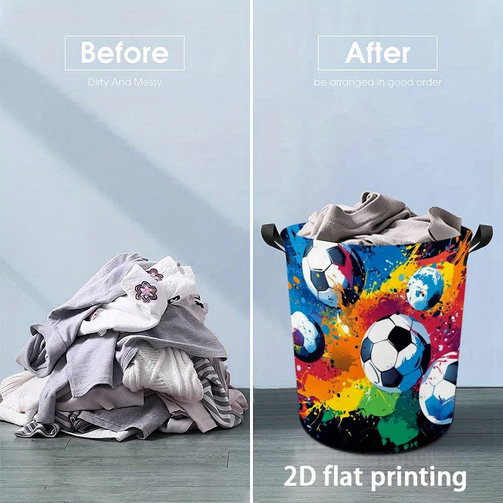 Modern Soccer Ball Print Laundry Basket Large Capacity Foldable Hamper with Handles, Durable Polyester Storage Bin for Bedroom