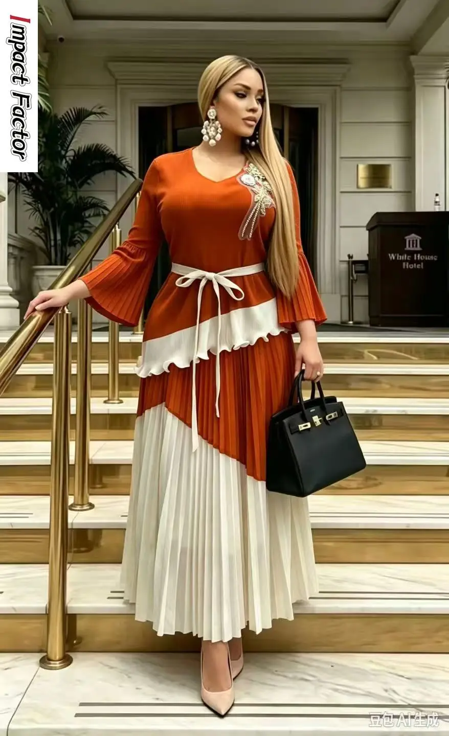 Miyake High-end Color Matching Pleated Long Dress Set Temperament V-neck Women's Autumn New Dress Two-piece Set