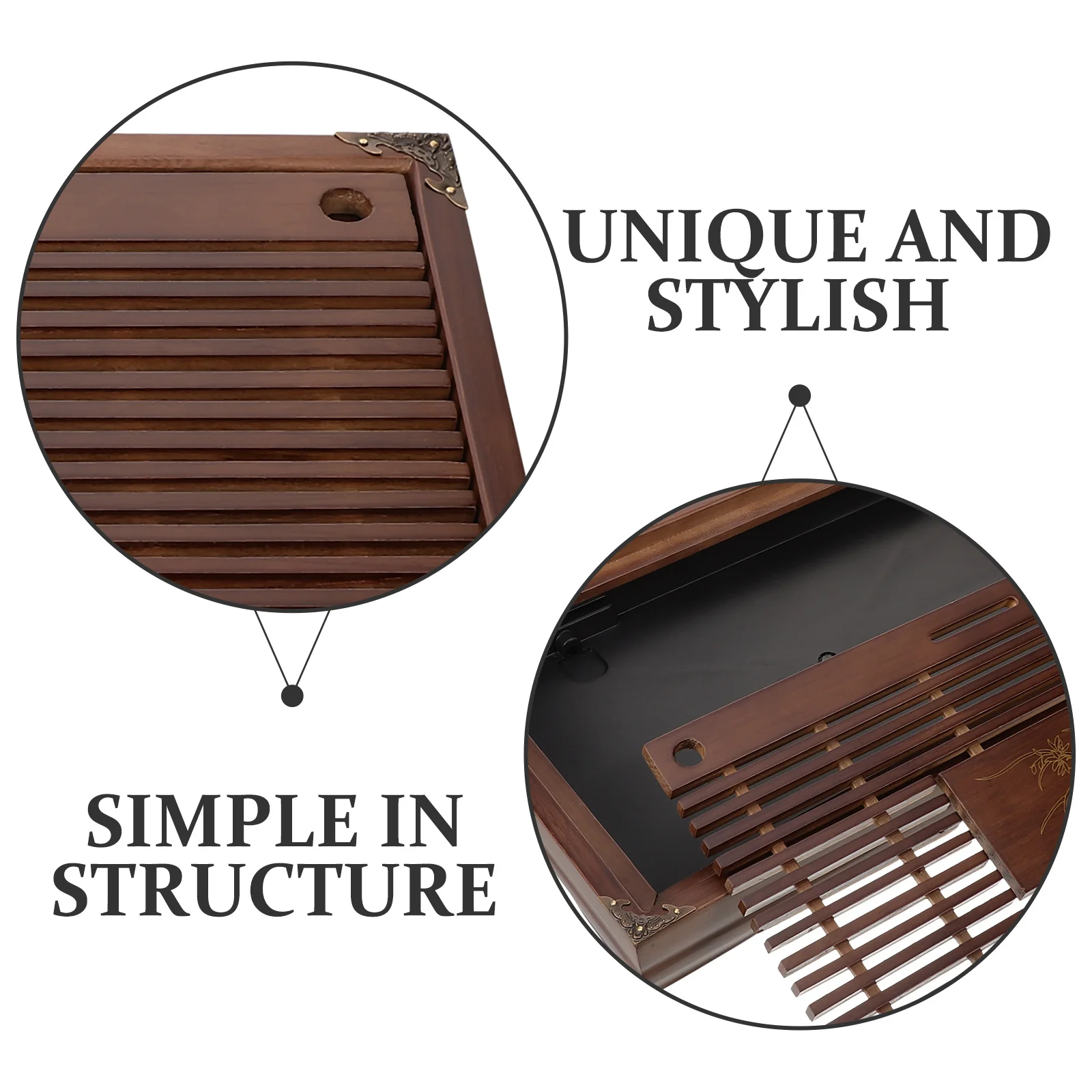 

Wooden Tea Tray Chinese Style Rectangular Serving Tray with Drainage Plate for Teaware Storage Decorative Home Party Use