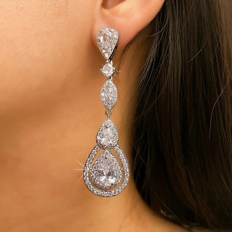 Elegant Fashion Cubic Zirconia Crystal Bridal Long Earrings Luxury Wedding Jewelry for Brides