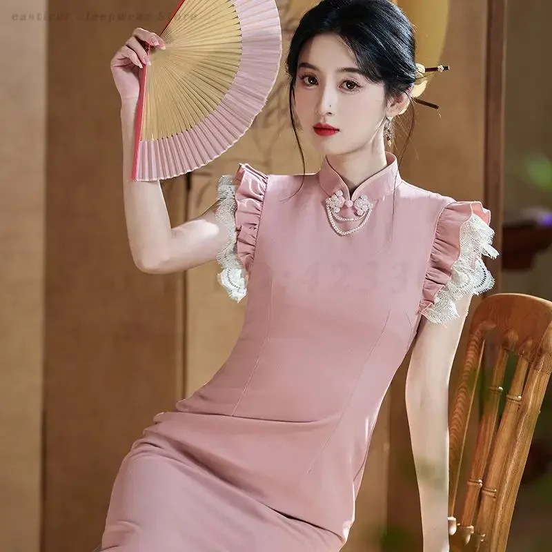 

Темпераментное элегантное кружевное платье Ципао с летящими рукавами Cheongsam, свадебное банкетное вечернее платье, розовое свадебное платье, новое платье в китайском стиле