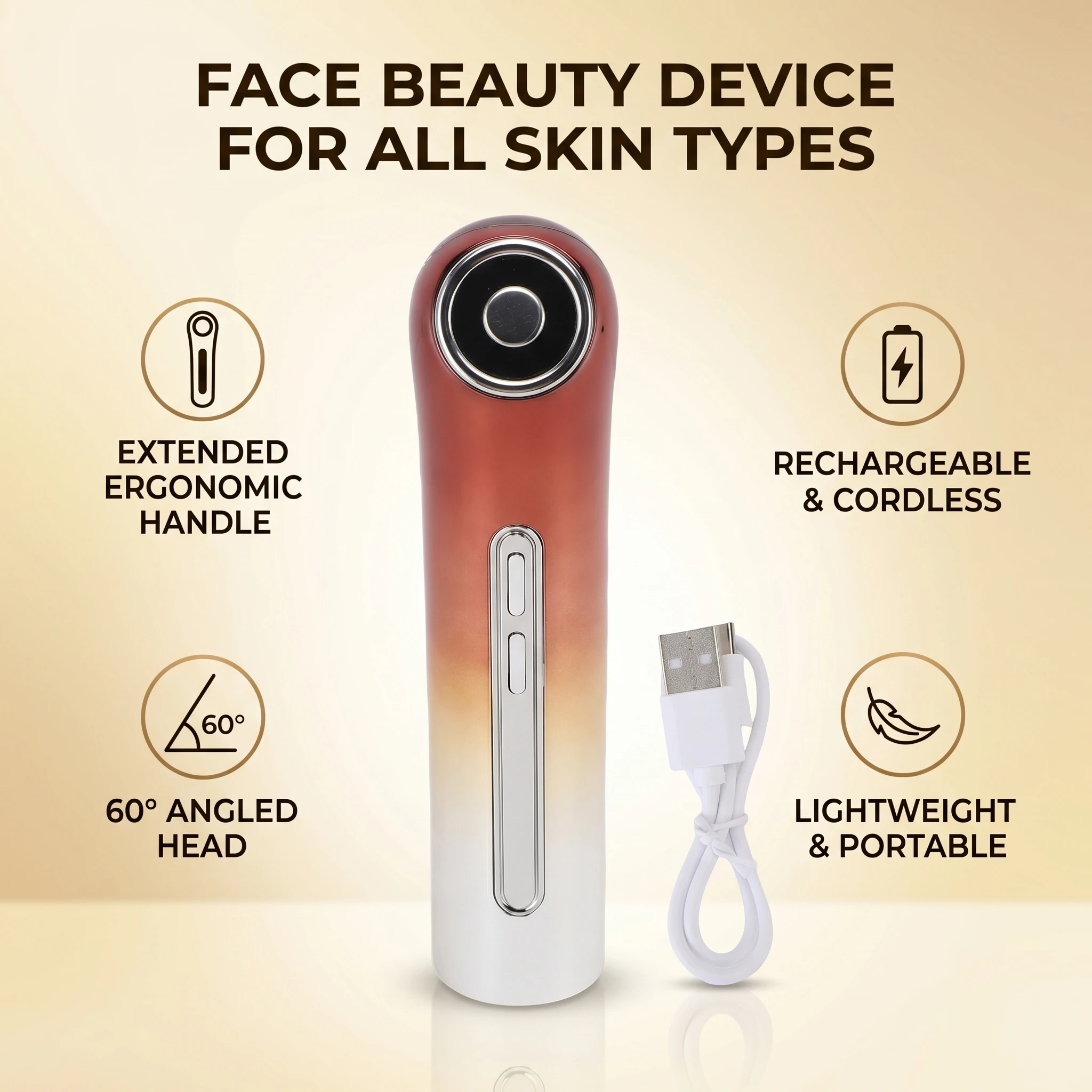 Face Beauty Device Rechargeable Red Blue LED Light Tightening Facial Massager Machine Long Ergonomic Handle for All Skin Type