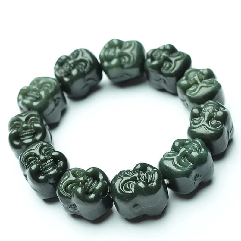 

Natural Hotan Jade Carved Buddha Head Beads Bracelet for Men and Women Fine Jade Jewelry Bracelet Gift