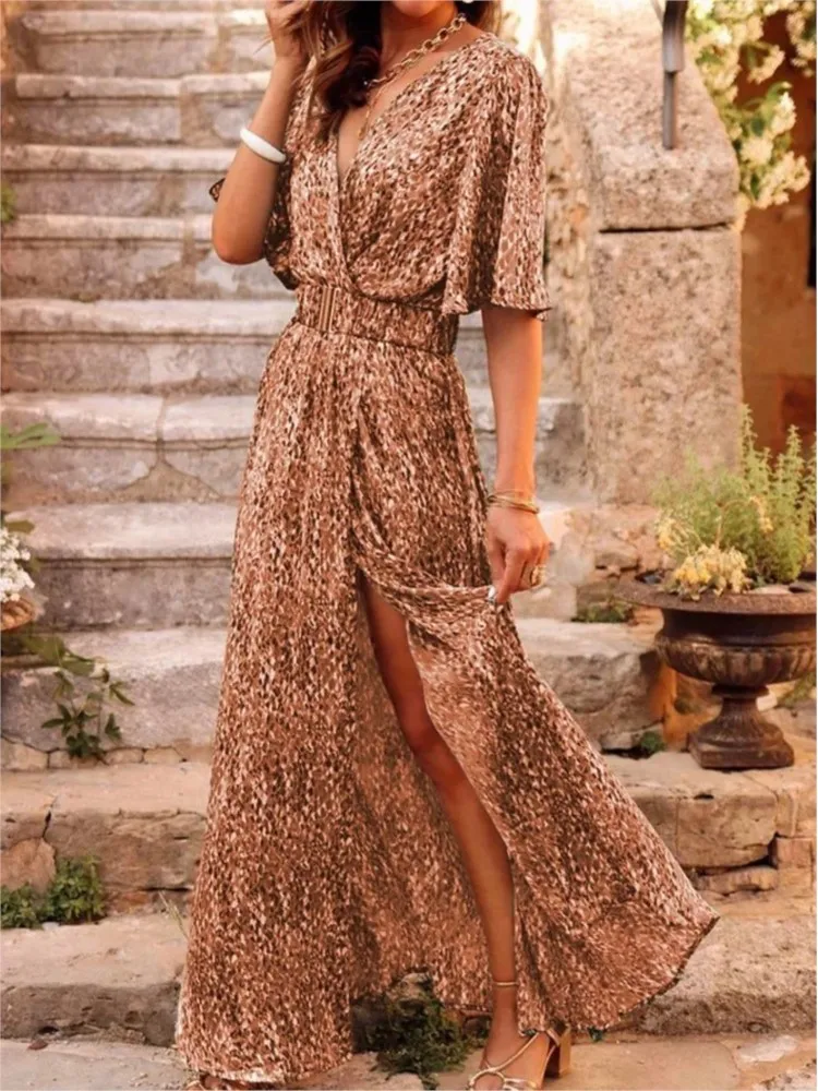 

Spring Summer Printed Dress Short Sleeved Deep V-neck Slimming Waist Long Dresses Temperament Slit Dresses Vestidos Para Mujer