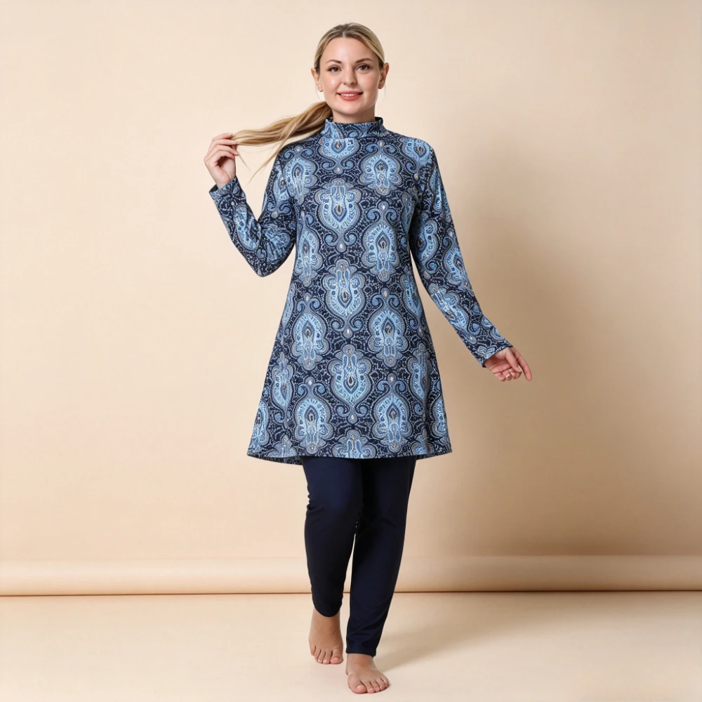 New Plus Size 3PCS Paisley Print Burkini Swimwear High Neck Long Sleeve Tunic Top Full Length Pants with Cap Muslim Bathing Suit