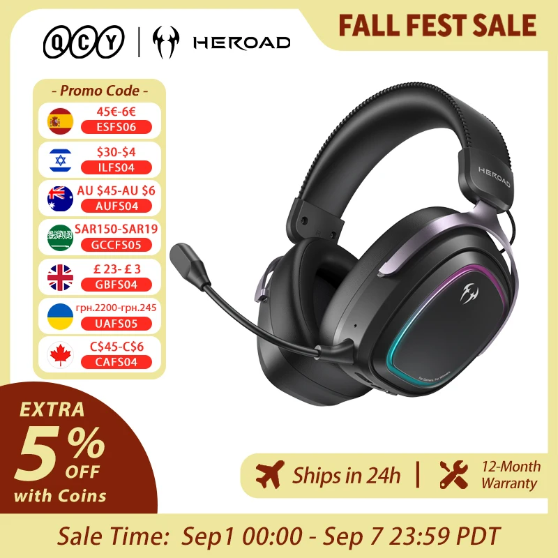 Image of QCY Gaming-Headset Heroad GT2 THX Spatial Audio+ 7.1.4 Tri-Mode RGB 3-Mic ENC Over-Ear-Kopfhörer für PC/PS4/PS5 Gamer-Headset