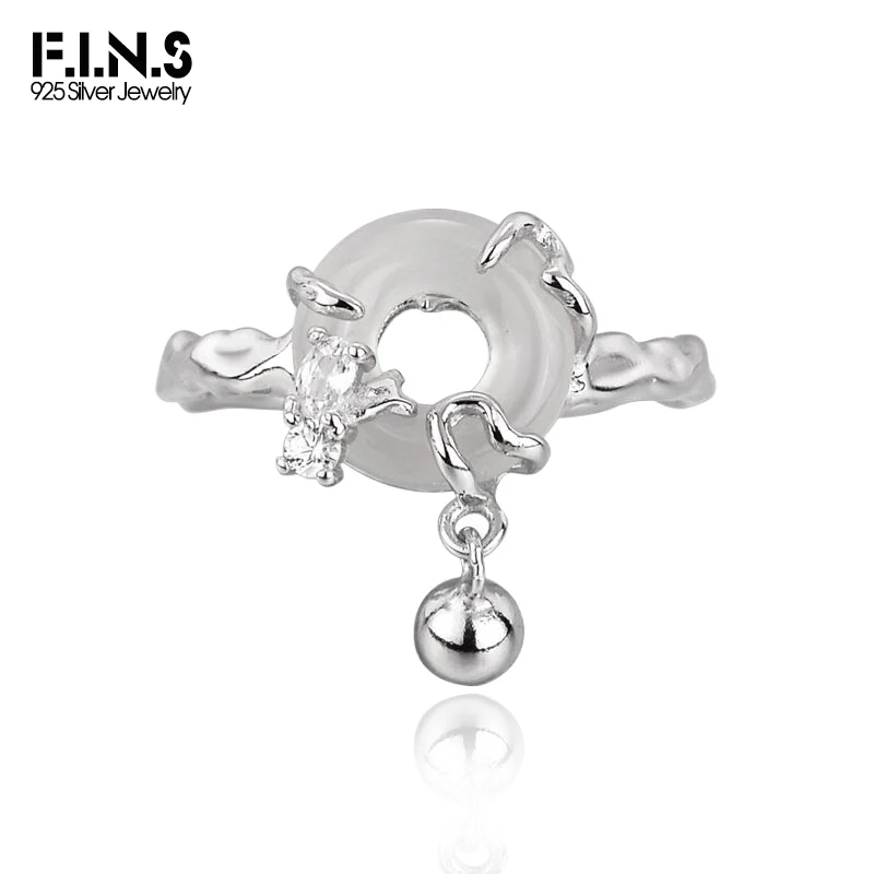 F.I.N.S S925 Sterling Silver Round Peace Button Rings Opening Zircon Glossy Bead Ball Resizable Index Finger Fine Jewelry