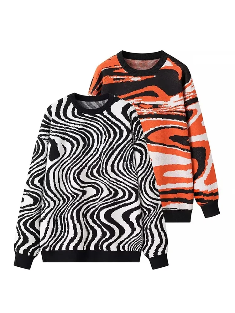 Women's round neck zebra print loose pullover knitted sweater, autumn and winter fashionable casual top