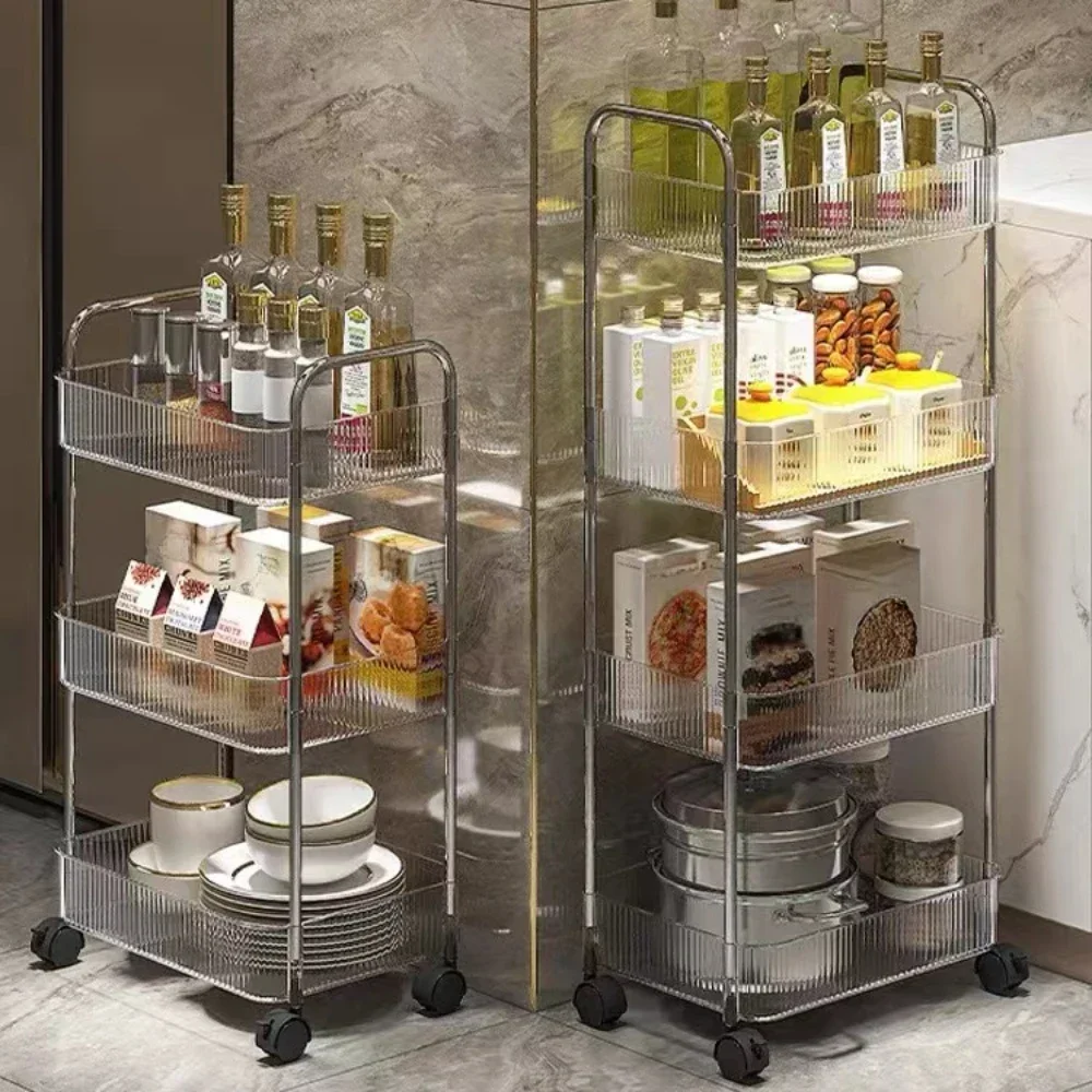 

4 Tier Transparent Rolling Cart with Hanging Basket Mobile Kitchen Storage Racks Acrylic Bookshelf with Wheels Trolley Storage