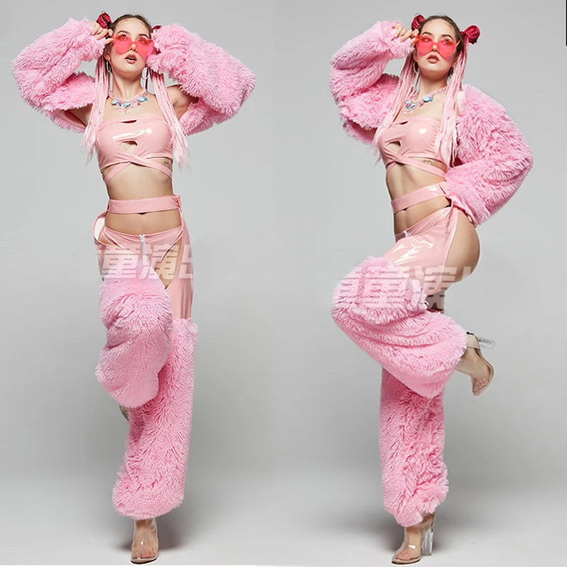 Sexy Pu Leather Bodysuit Plush Coat Gogo Dance Stage Costume Nightclub Party Rave Outfit Adult Women Jazz Dancewear VDB5253