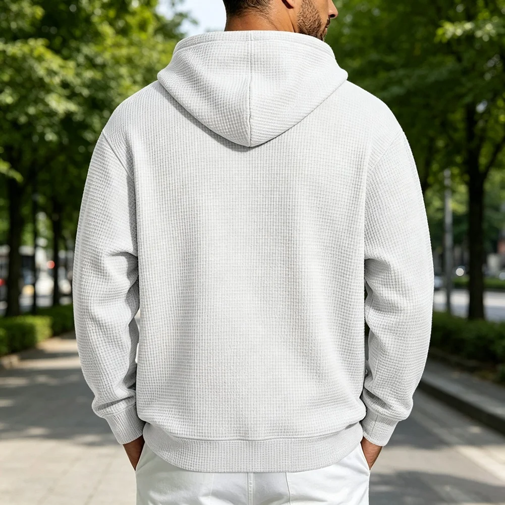 Men's Summer-Ready Waffle Knit Half-Zip Hooded Sweatshirt Featuring Drawstring Waist and Front Pocket for Mobility