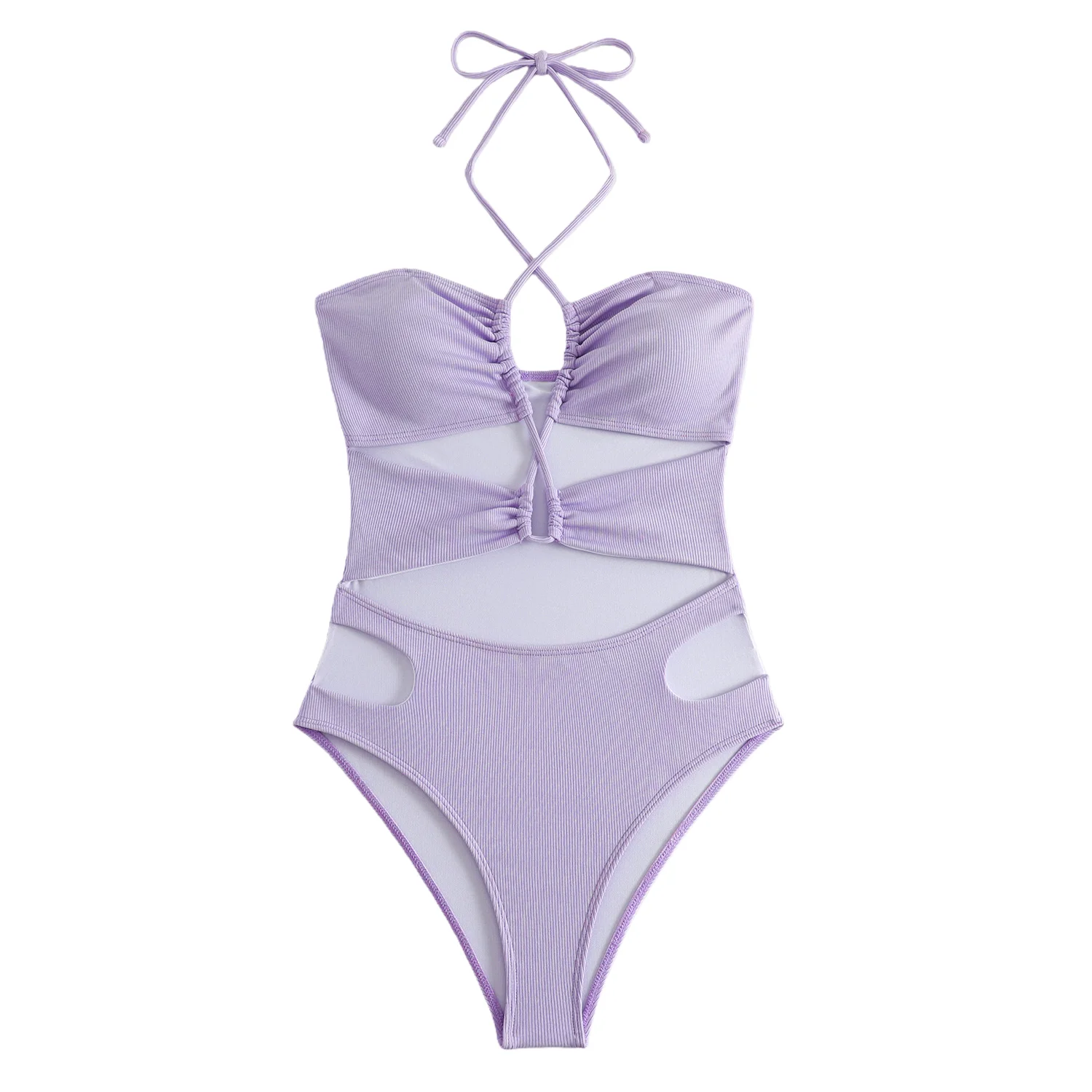 Traje de baño de una pieza acanalado lila para mujer, monokini con control de barriga y recorte lateral sexy, traje de baño para playa con correas ajustables