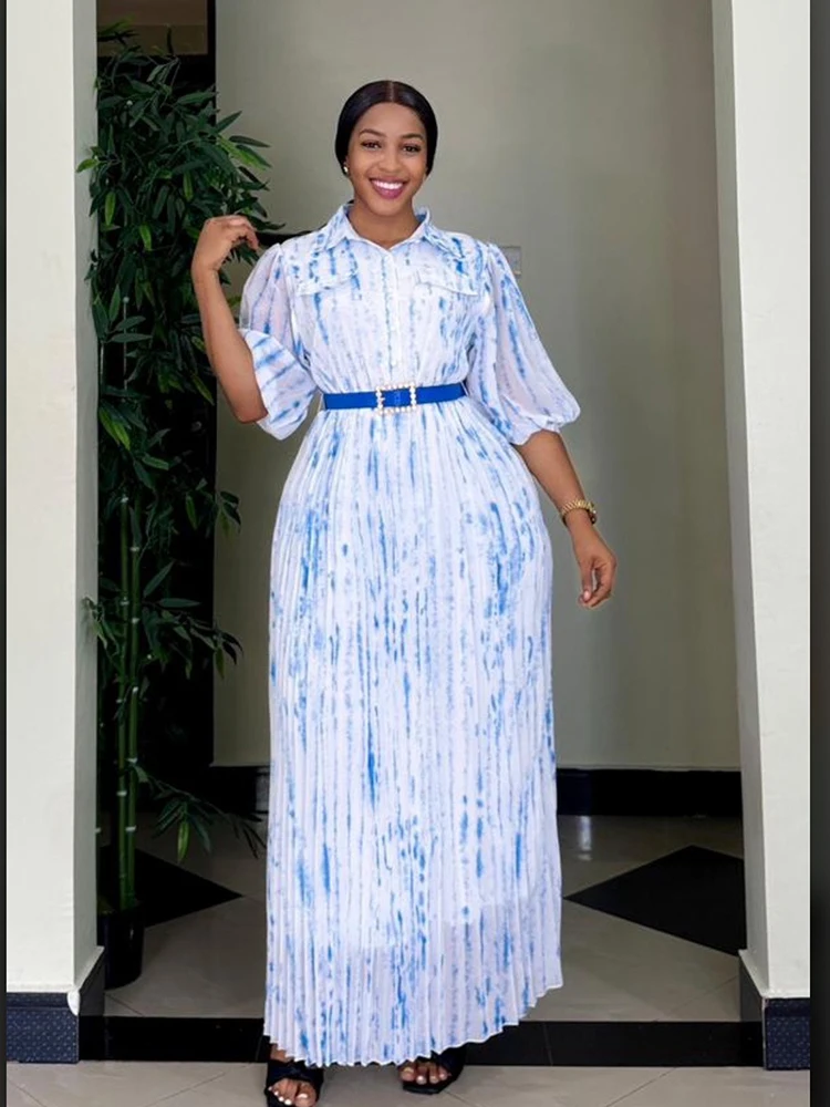 Abito lungo estivo da donna in chiffon con maniche a tre quarti Abito formale semplice ed elegante con cintura Camicia da donna Abiti dritti