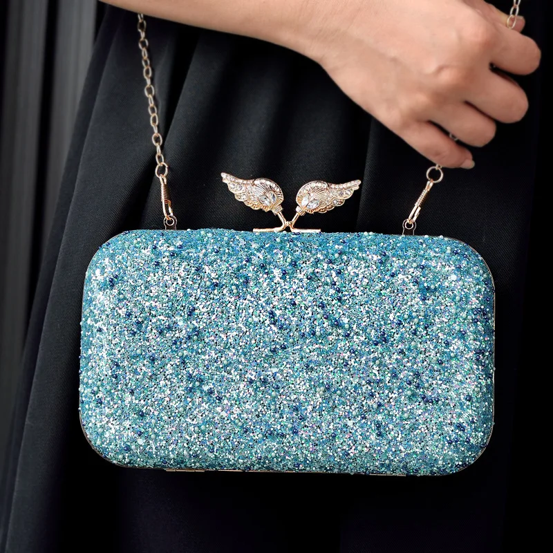 Sequined Evening Handbag Glitter Sky Blue Ladies Bling Clutch Purse Cosmetic Bag Luxury Brand Chain Shoulder Crossbody Bag