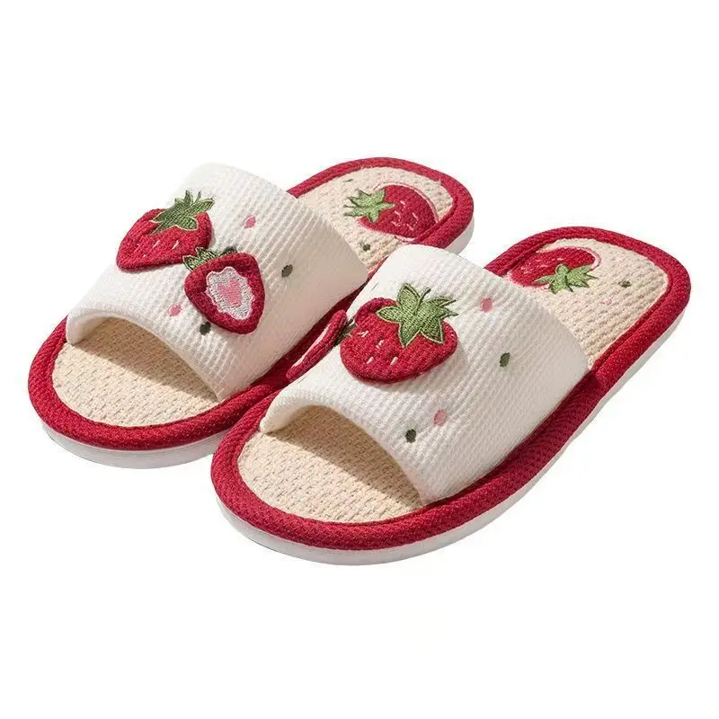 Erdbeer-Leinen-Hausschuhe für Mädchen: Weiche, geräuscharme und rutschfeste Sohlen, ergonomische Fußgewölbestütze, Sandalen – Detail 6