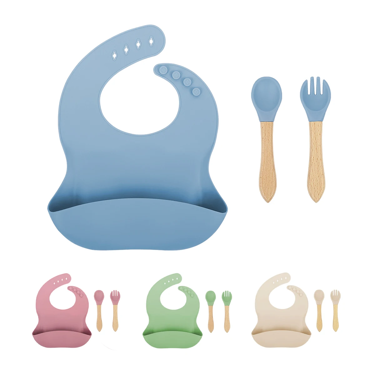 TYRY.HU 3 adet/takım Bebek salya havlusu Silikon Önlükler Çocuk Ahşap Saplı Kaşık ve Çatal Seti çocuk Ayarlanabilir Önlükler hediyeler