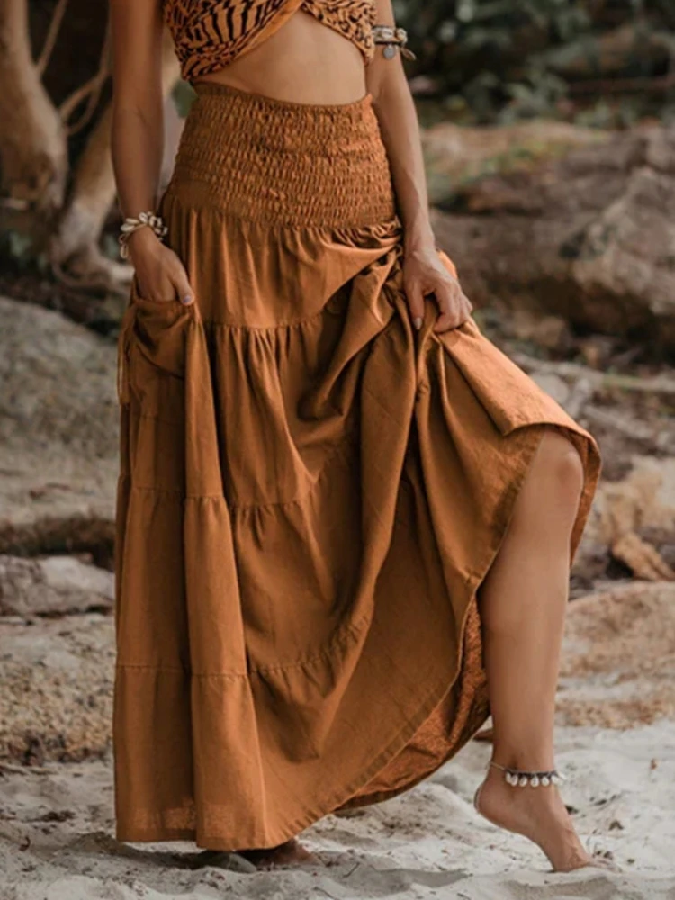 Boho Maxirock Damen Hohe Taille Urlaub Strand Drapierte Lange Röcke Patchwork Einfarbig Kordelzug Taschen Böhmischer Freizeitrock