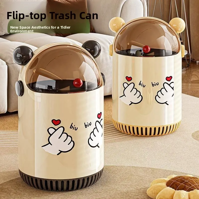 

Cute Flip-Top Double-Tub Trash Can with Lid Storage Bucket Trendy High Aesthetic Value New 2024 round Body Shape Large Capacity