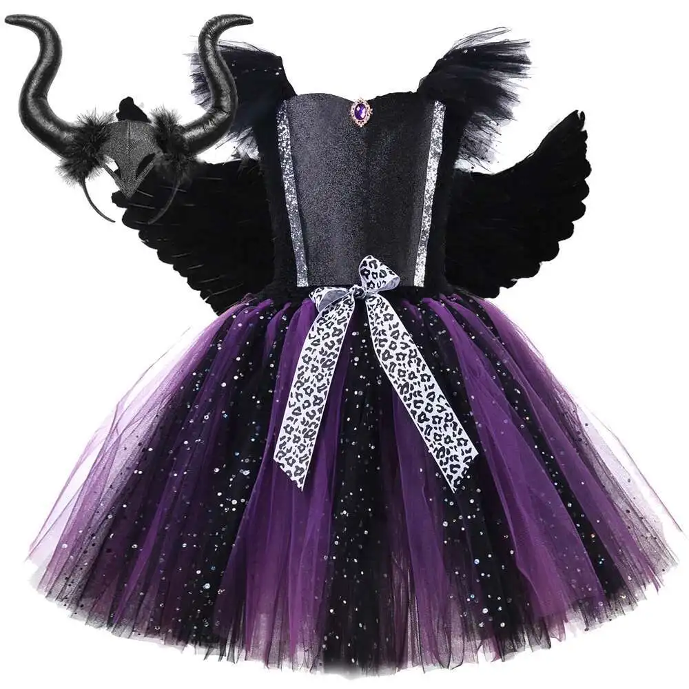 Sparkly Demon Angel Halloween Costumes for Girls Twinkle Evil Witch Tutu Dress with Horns Wings Kids Carnival Disguise Outfit