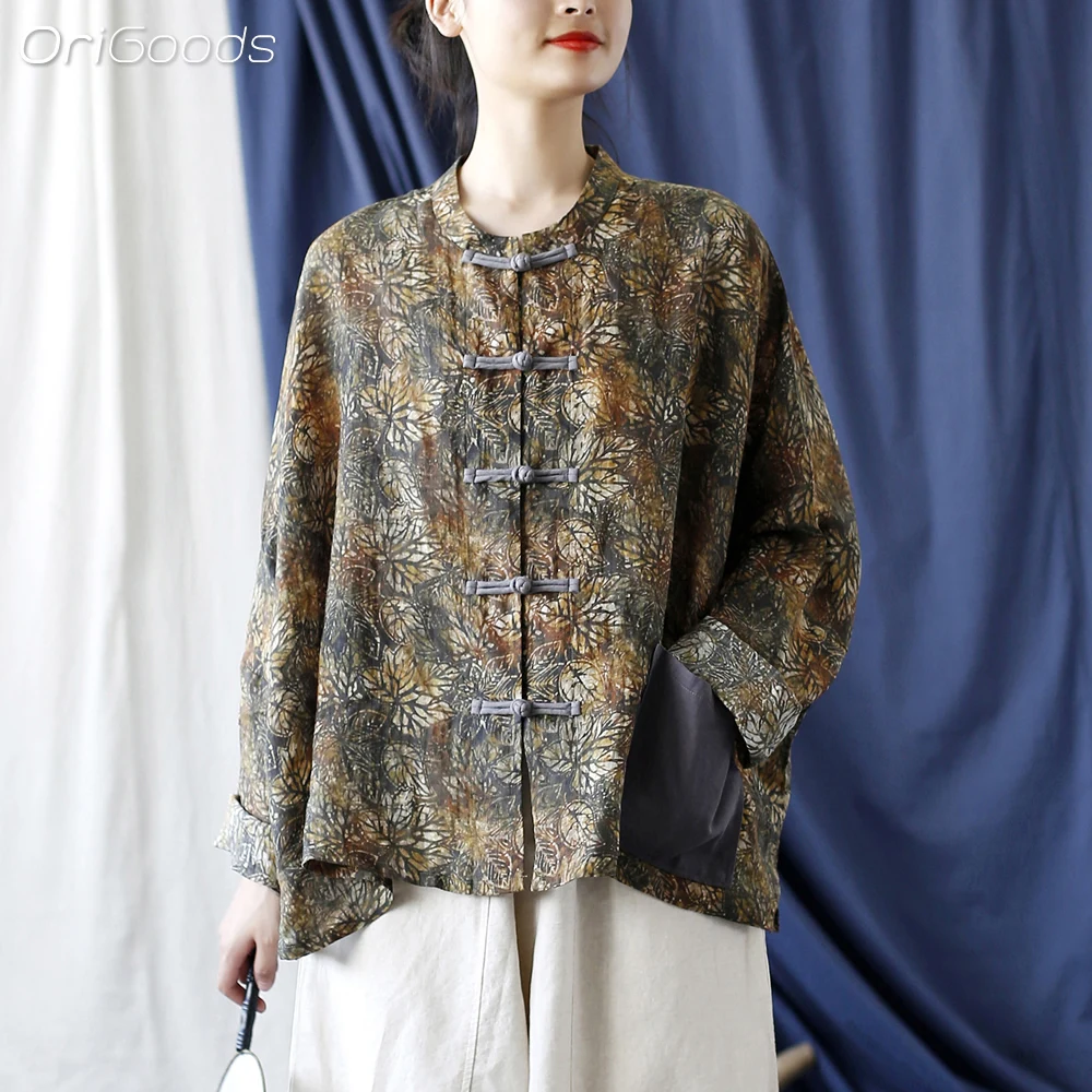 OriGoods Oversized Batwing Sleeve Shirt Women Ramie 100% Print National Style Shirts Summer Chinese Style Clothing Tops X042