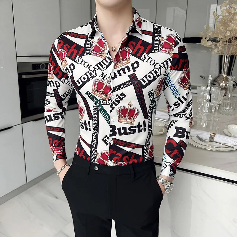 Luxury Crown Print Shirts Men Slim Long Sleeve Casual Shirt British Style Business Formal Dress Shirt Social Party Tuxedo Blouse