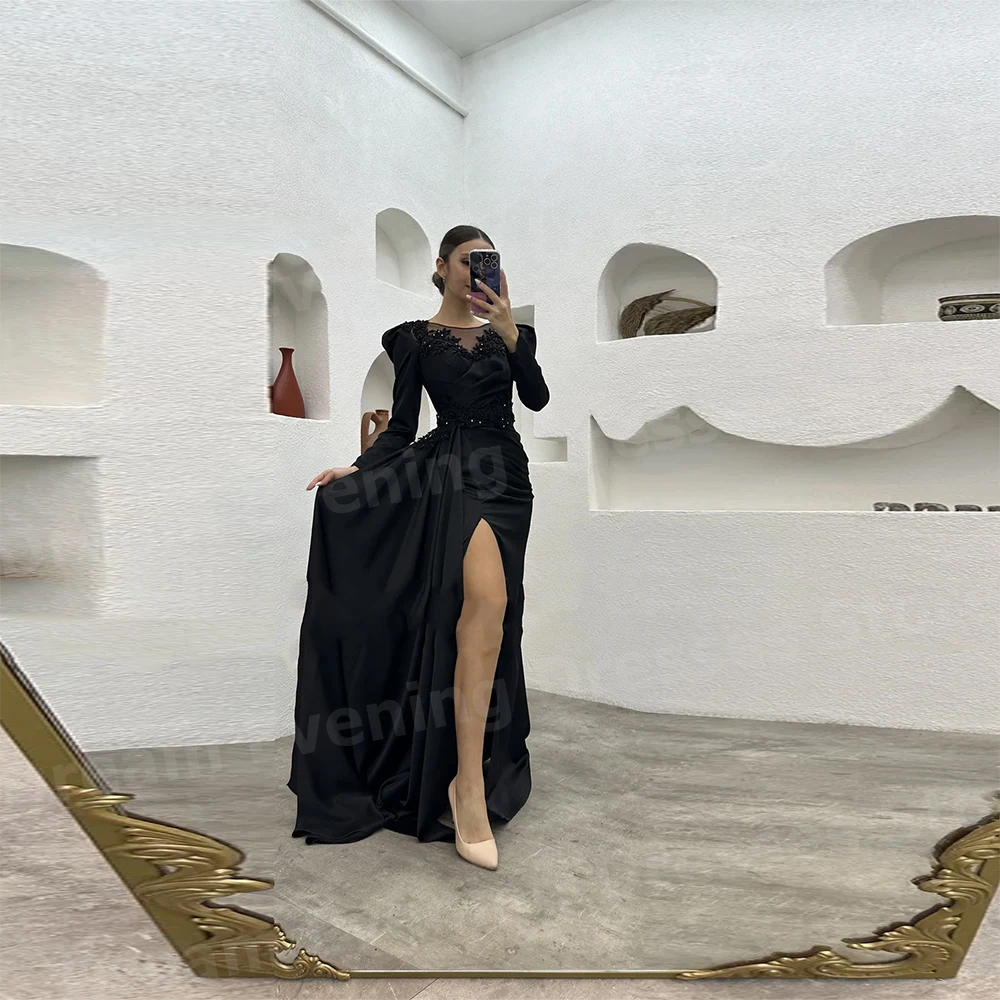 

Elegant Mermaid Women's Evening Dresses Customized O Neck Long Sleeve Prom Gowns Appliques Slit Vestidos Para Mujer Elegantes