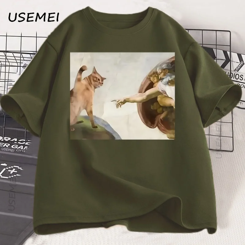 مضحك القط الله خلق آدم ميمي تي شيرت الرجال النساء عارضات قصيرة الأكمام يسوع تي شيرت س الرقبة التي شيرت القطن خمر تيز