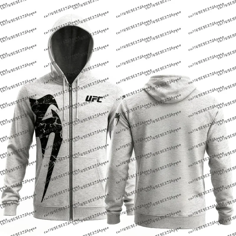 

2026Мужские черно-белые толстовки UFC, классическая куртка на молнии с длинными рукавами и 3D принтом, осень/зима, повседневный топ для бокса, фитнеса и тренировок
