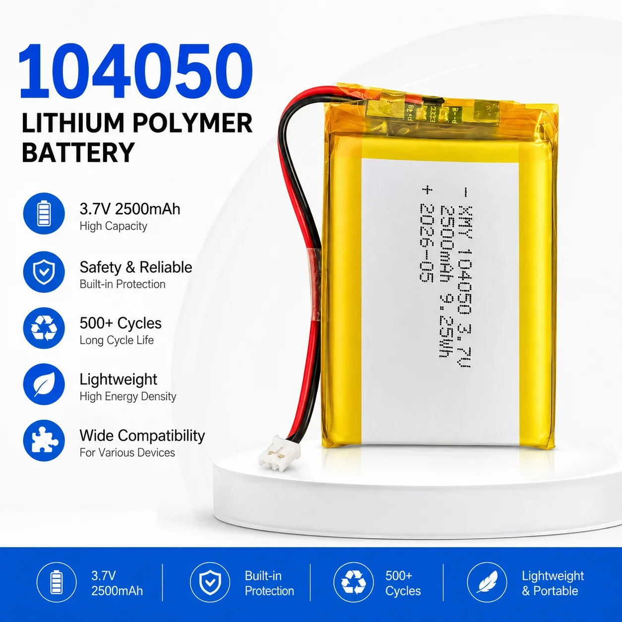 10PCS Real Capacity 104050 3.7V 2500mAh Polymer Lithium Rechargeable Battery for Camera GPS Navigator MP5 Bluetooth Headset
