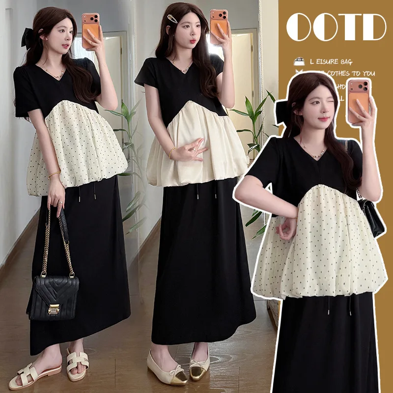 

Maternity Suit Summer 2026 V Neck Short Sleeve Polka Dot Patchwork Top and Skirt for Pregnant Women Elegant Temperament