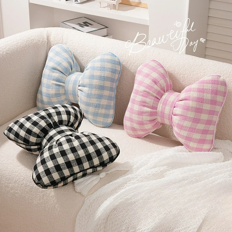 Cute Bowknot Pillow Bedroom Decor Throw Pillow Home Decor Waist-Support Creative Plaid Bow Decorative