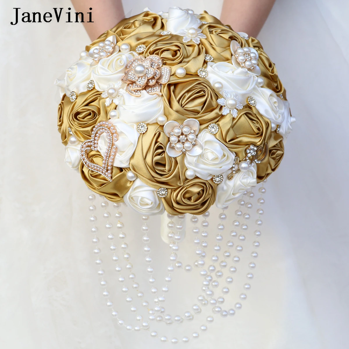 JaneVini-Bouquet de Mariage Or et Ivoire pour Mariée, Poubelle en Satin de Luxe, Perles de Clip, Fleurs Artificielles pour Patients, Ramo De Novia, 2024