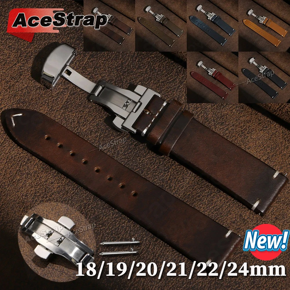 New Butterfly Buckle Vintage Soft Oil Wax Watch Band 18mm 19mm 20mm 21mm 22mm 24mm Cowhide Watch Strap Quick Release Watchband