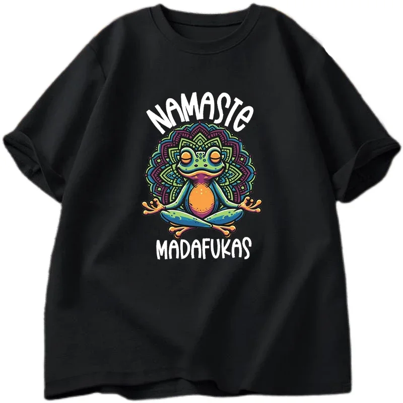 Funny Yoga Frog T-Shirt Namaste Madafukas Graphic Tee Humorous Meditation Zen Print Streetwear Casual Loose Summer Top Unisex