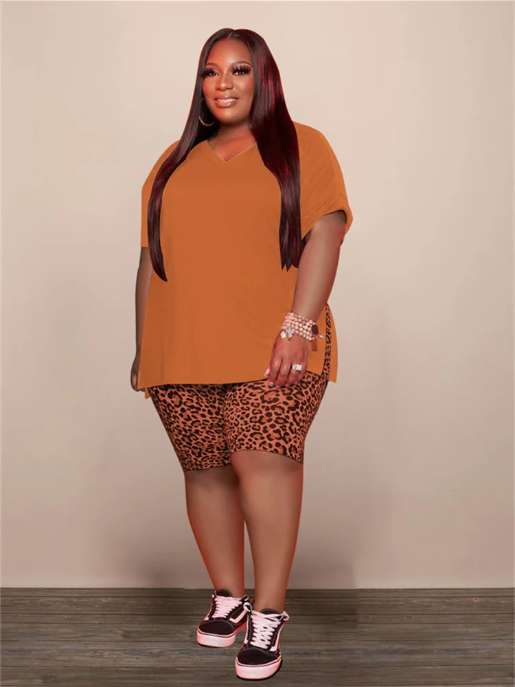 Wmstar Plus Size Women Clothing Loose Top Leopard Shorts Matching Set Casual 2 Piece Outfits New Summer Wholesale Dropshipping