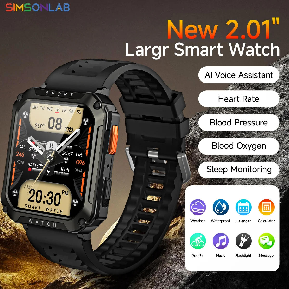 Reloj inteligente militar 2025 con pantalla HD de 2,01 pulgadas, llamada Bluetooth, pulsera deportiva para Fitness, monitoreo del ritmo cardíaco, reloj inteligente resistente al agua para hombres