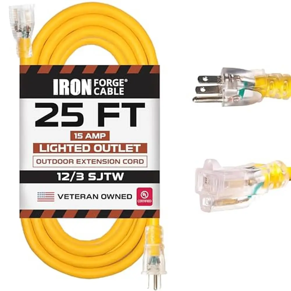 25ft Heavy Duty Yellow Extension Cable with Lighted End 12 Gauge Outdoor Extension Cord Landscaping Lawn Garden Power Tools 3