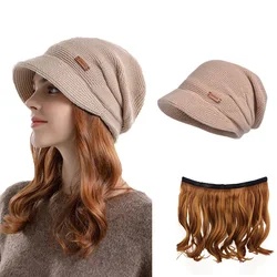 NOOFNO-gorros de Newsboy para mujer, gorro con pelucas de pelo, peluca rubia adjunta, orejeras gruesas, gorro de punto de lana cálida, Otoño e Invierno