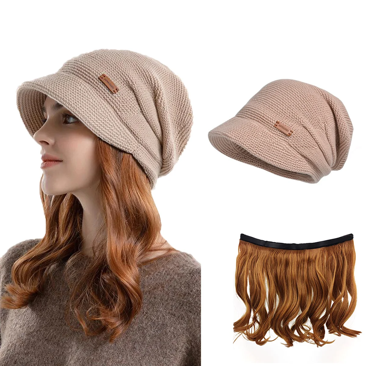 NOOFNO Fall/Winter Newsboy Caps Beanie Wigs for Women,Hat with Hair Attached Blonde Wig,Thick Earflap Warm Wool Knitted Cap Wigs