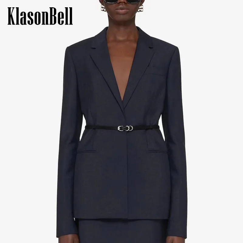 7.30 KlasonBell Women Elegant With Belt Collect Waist Office Lady Blazer Coat Wool Blend Notched Collar Mid-Length Jacket