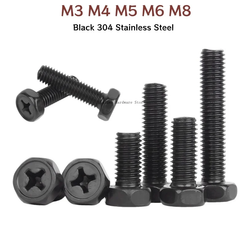 M3 M4 M5 M6 M8 Black 304 Stainless Steel Cross Recessed External Hex Hexagon Head SEM Screw Phillips Anti-Rust Bolts